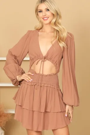 FRONT CUT-OUT DEEP NECK TIERED HEM DRESS