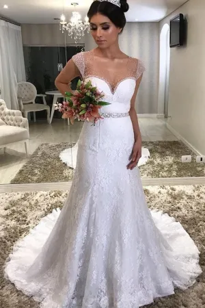 Full Lace Classic Wedding Bridal Gown with Beaded Transparent Neckline