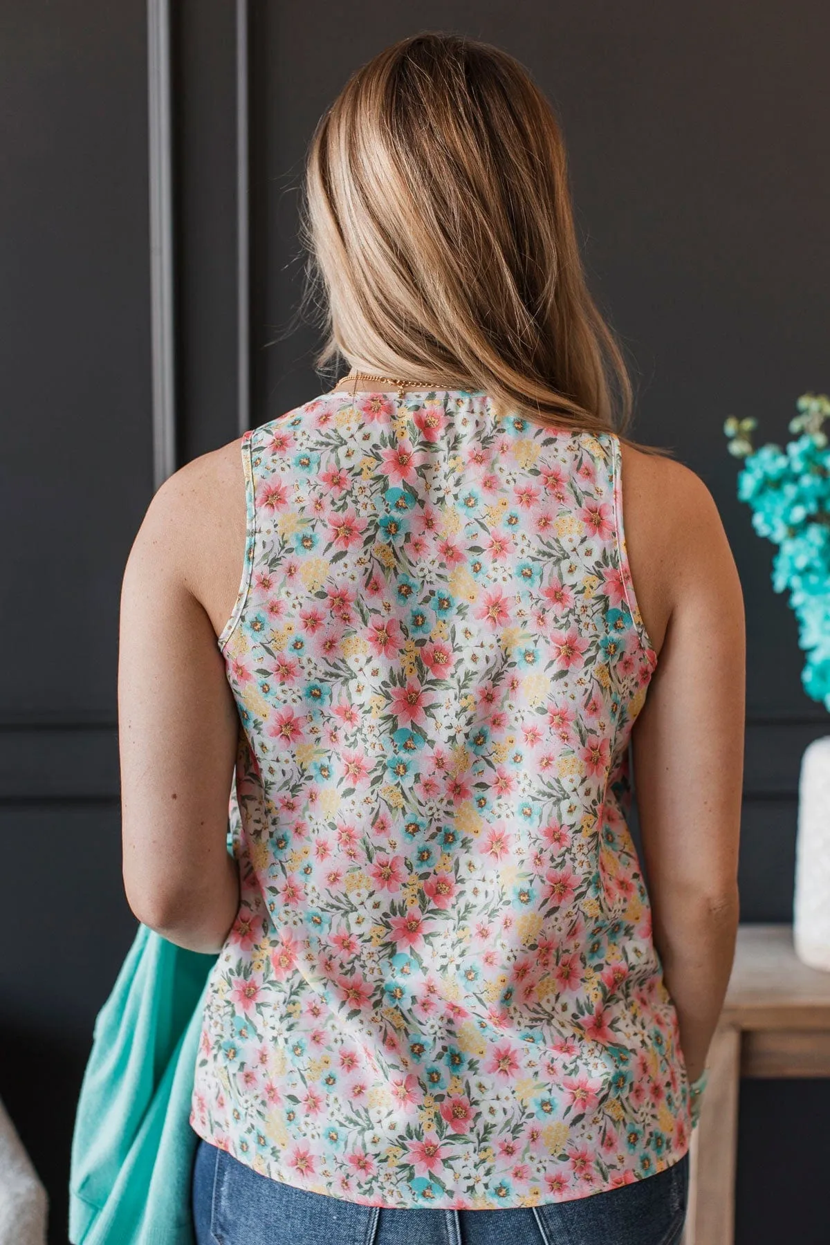 Garden Strolls Floral Tank Top- Light Pink & Mint