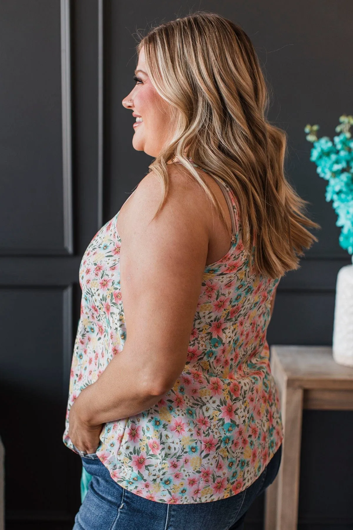 Garden Strolls Floral Tank Top- Light Pink & Mint