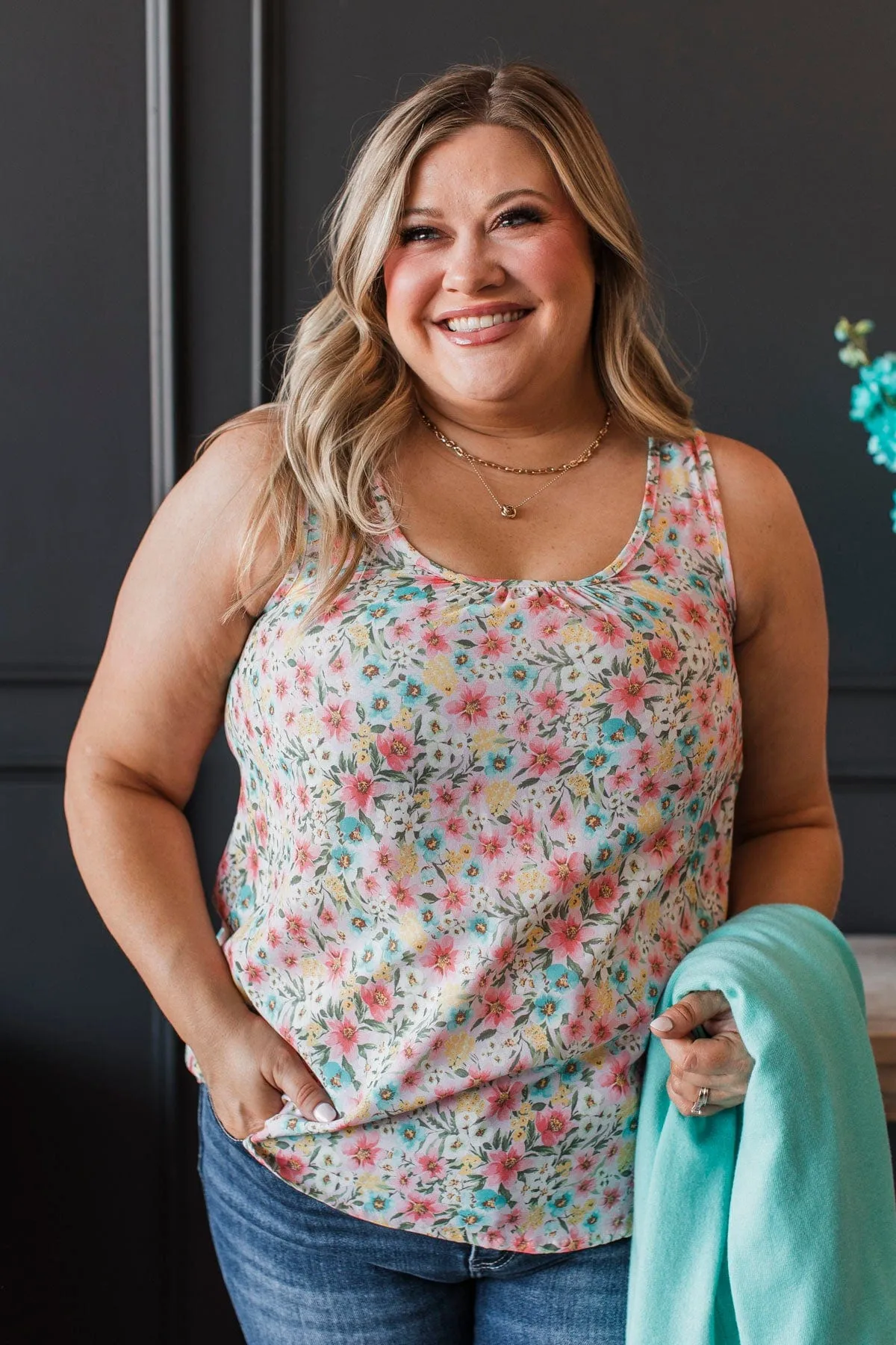 Garden Strolls Floral Tank Top- Light Pink & Mint
