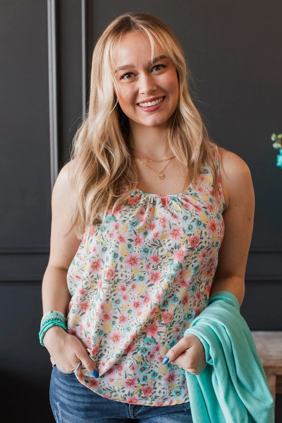 Garden Strolls Floral Tank Top- Light Pink & Mint