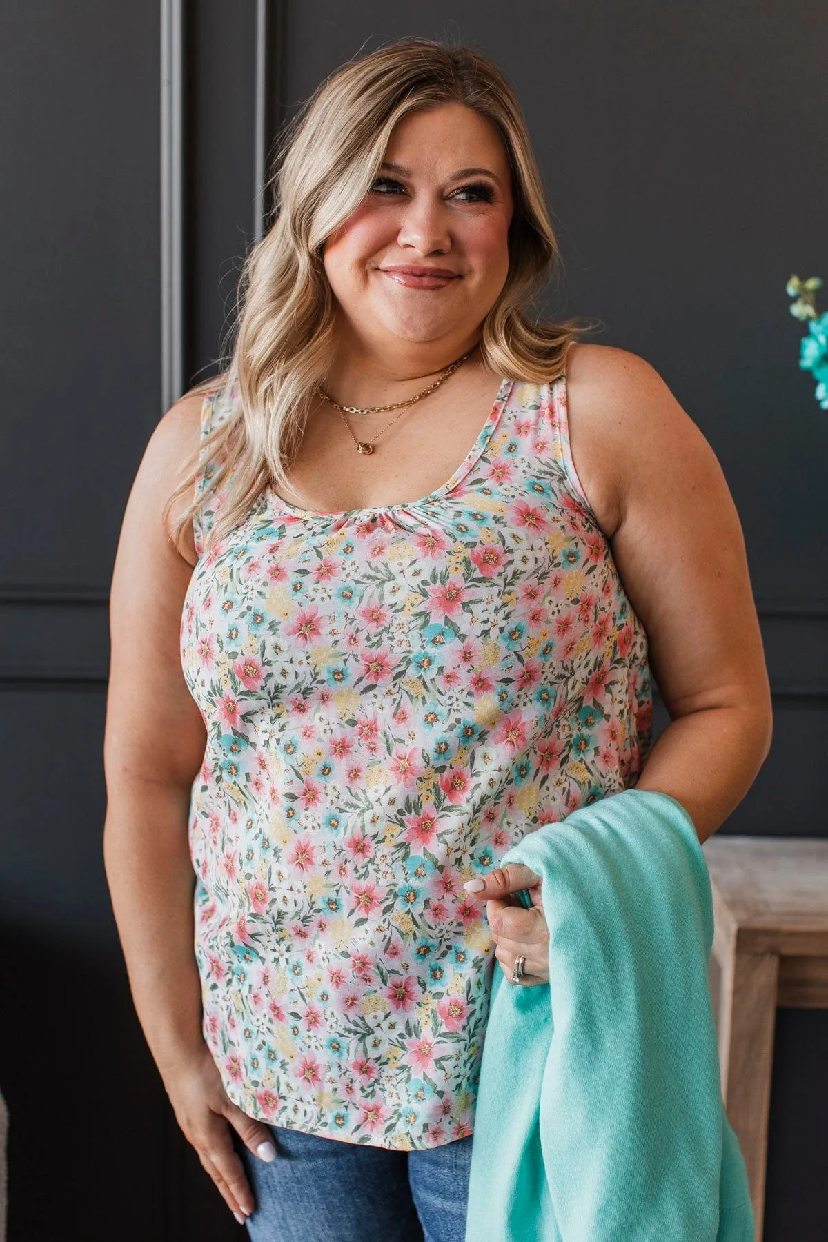 Garden Strolls Floral Tank Top- Light Pink & Mint