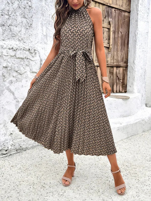 Geometric Print Midi Dress with High Neck and Pleated Skirt