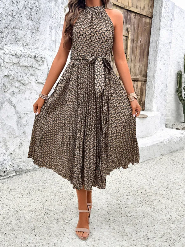 Geometric Print Midi Dress with High Neck and Pleated Skirt