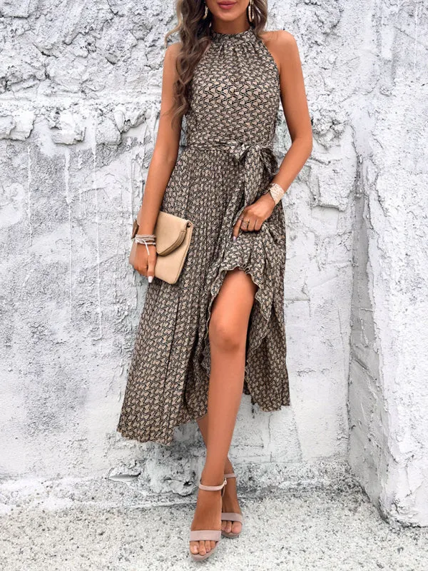 Geometric Print Midi Dress with High Neck and Pleated Skirt