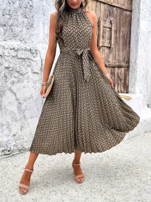 Geometric Print Midi Dress with High Neck and Pleated Skirt
