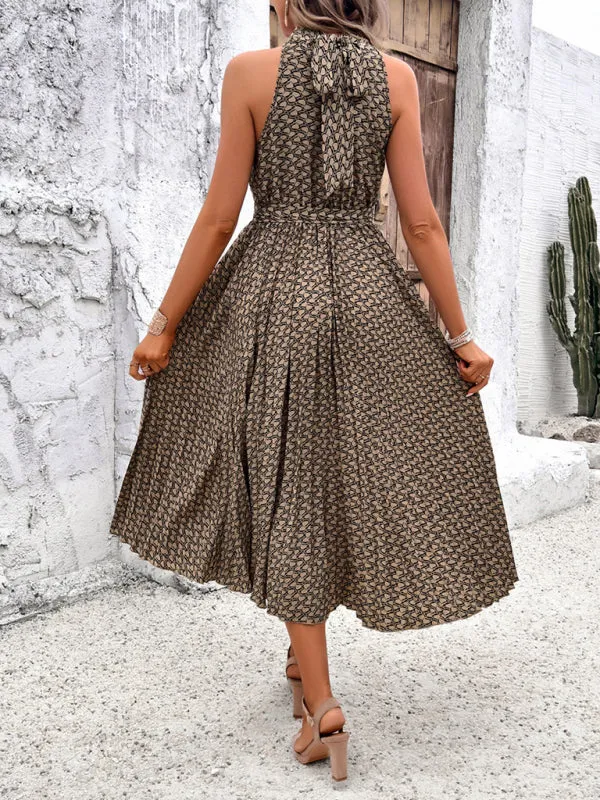 Geometric Print Midi Dress with High Neck and Pleated Skirt