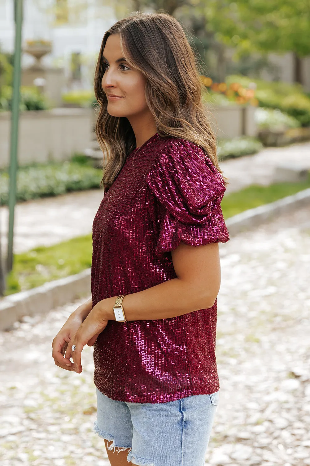 Glittering Sequin Short Bubble Sleeve Blouse