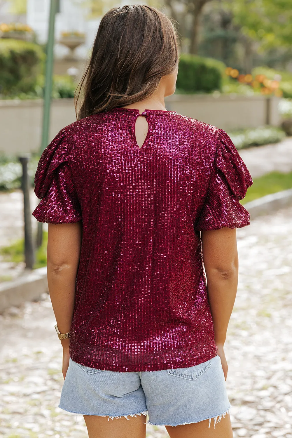 Glittering Sequin Short Bubble Sleeve Blouse