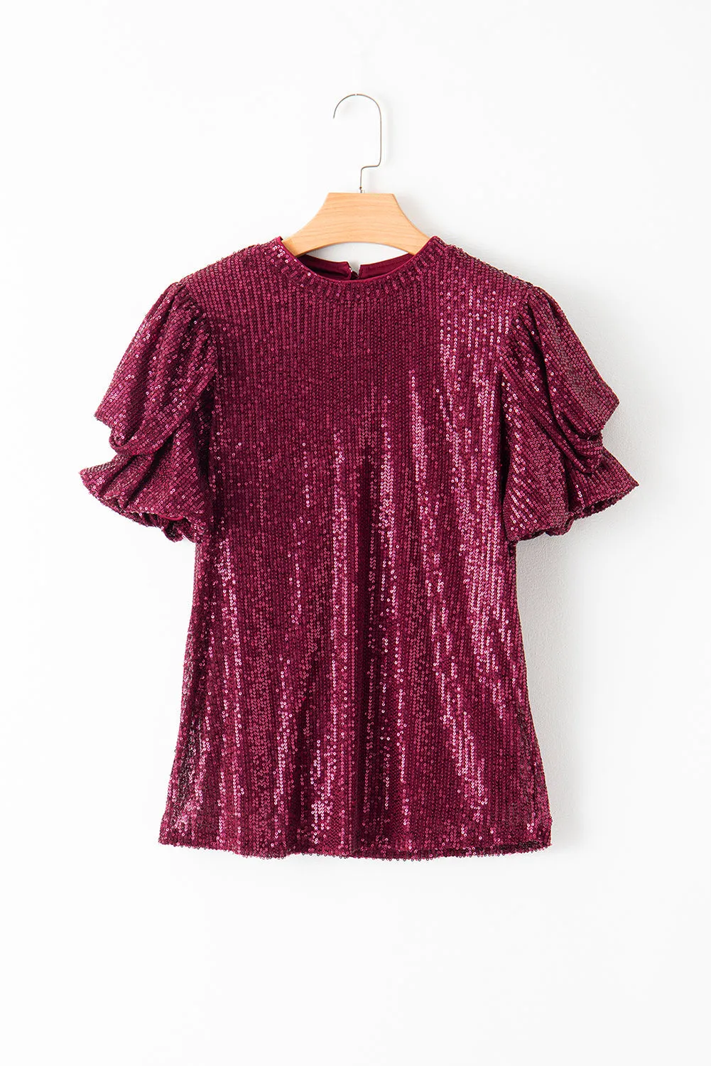 Glittering Sequin Short Bubble Sleeve Blouse