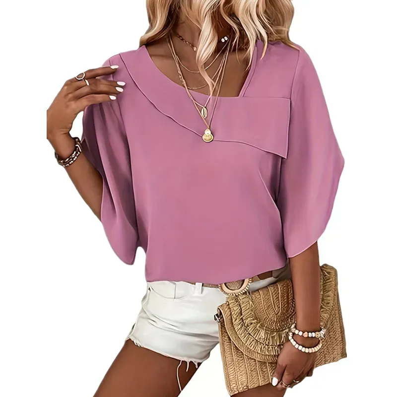 Glow Up Asymmetric Batwing Short Sleeve Blouse