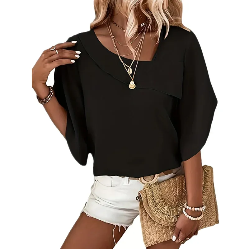 Glow Up Asymmetric Batwing Short Sleeve Blouse