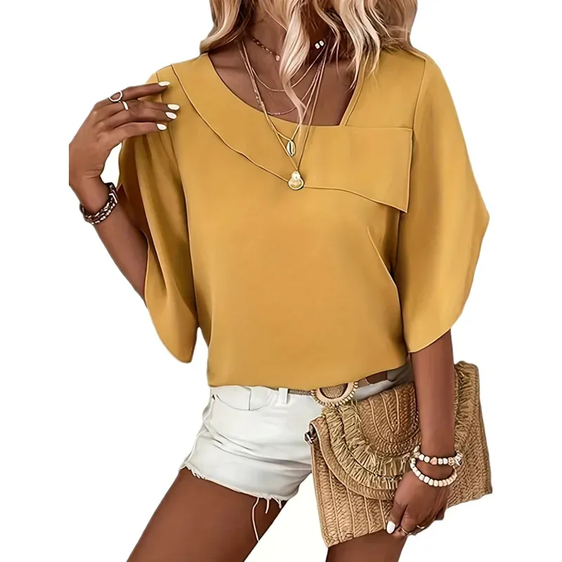 Glow Up Asymmetric Batwing Short Sleeve Blouse