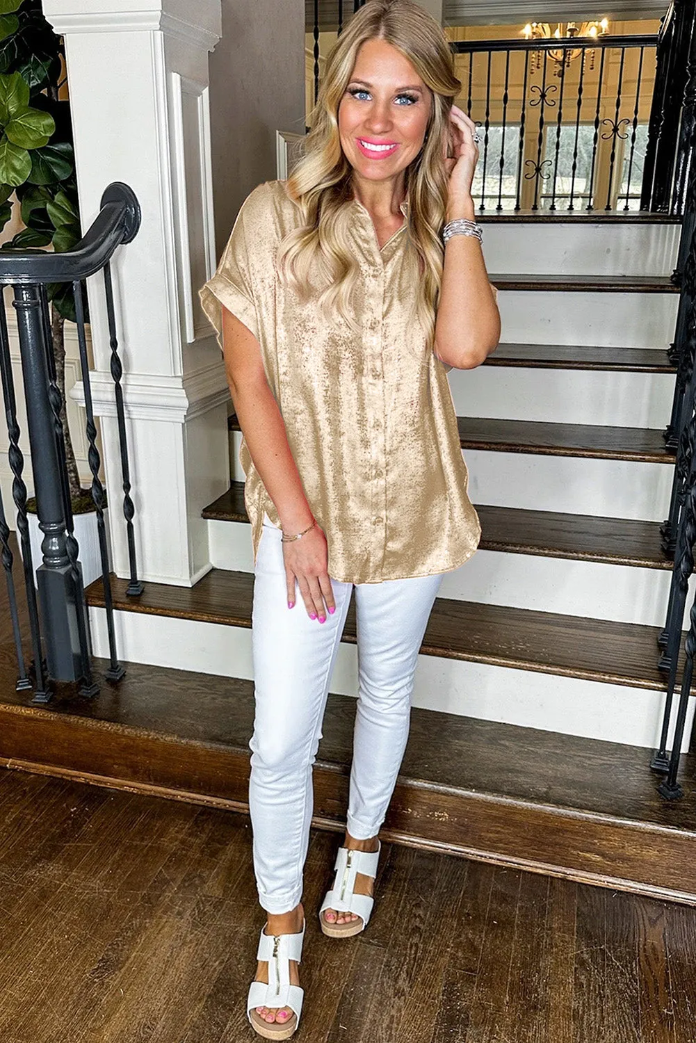 Gold Metallic Sheen Short Sleeve Buttoned Front Casual Shirt