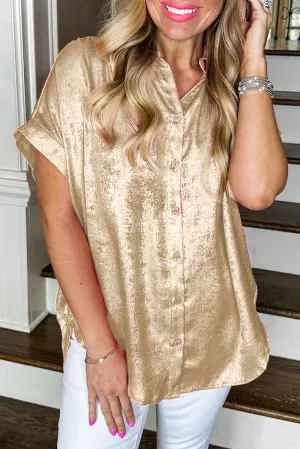 Gold Metallic Sheen Short Sleeve Buttoned Front Casual Shirt