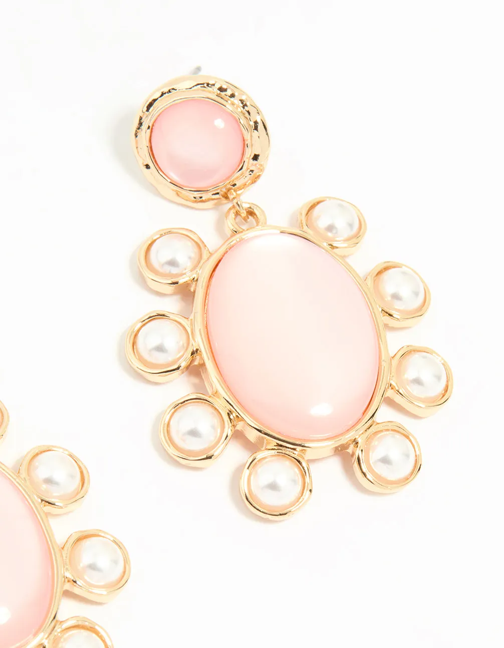 Gold Pink Stone Flower Drop Earrings