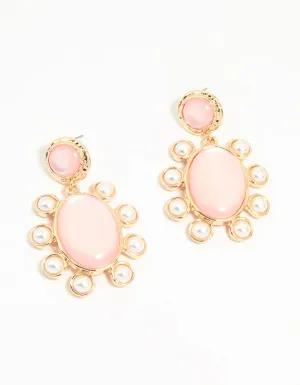 Gold Pink Stone Flower Drop Earrings