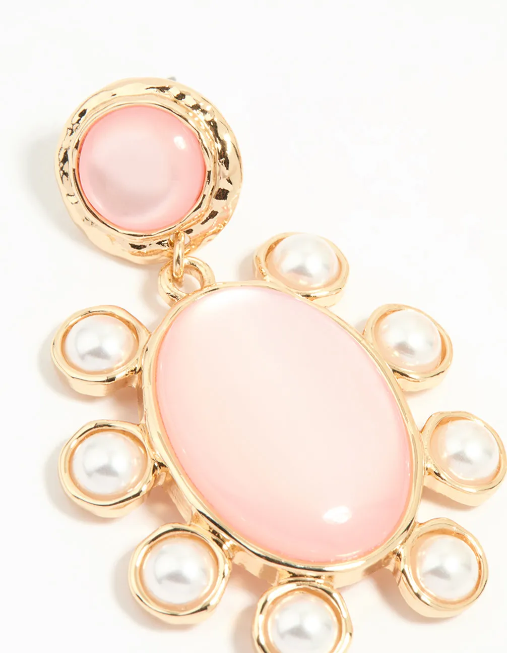 Gold Pink Stone Flower Drop Earrings