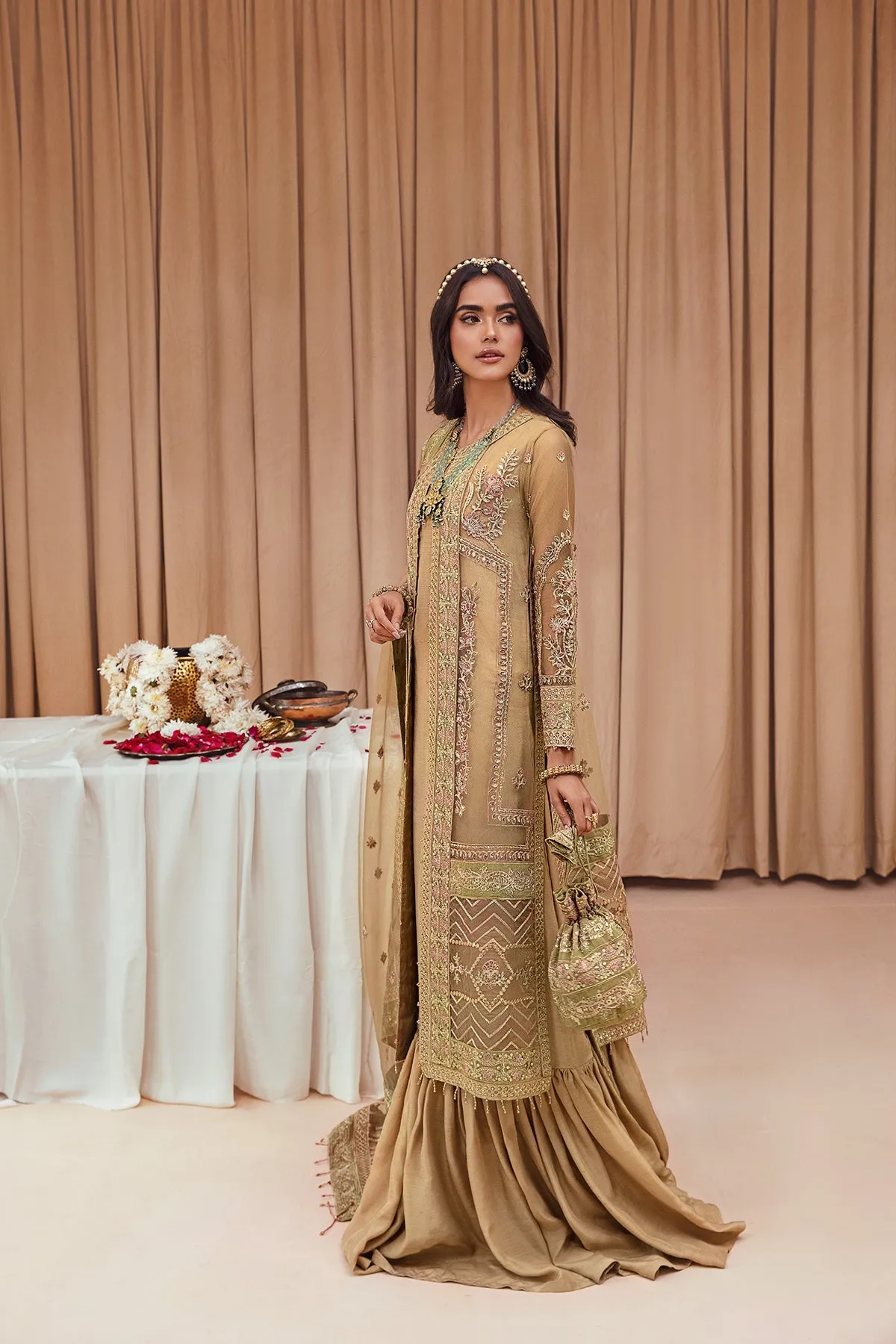 Golden Embroidered Gown Style Shirt Crushed Sharara Wedding Dress