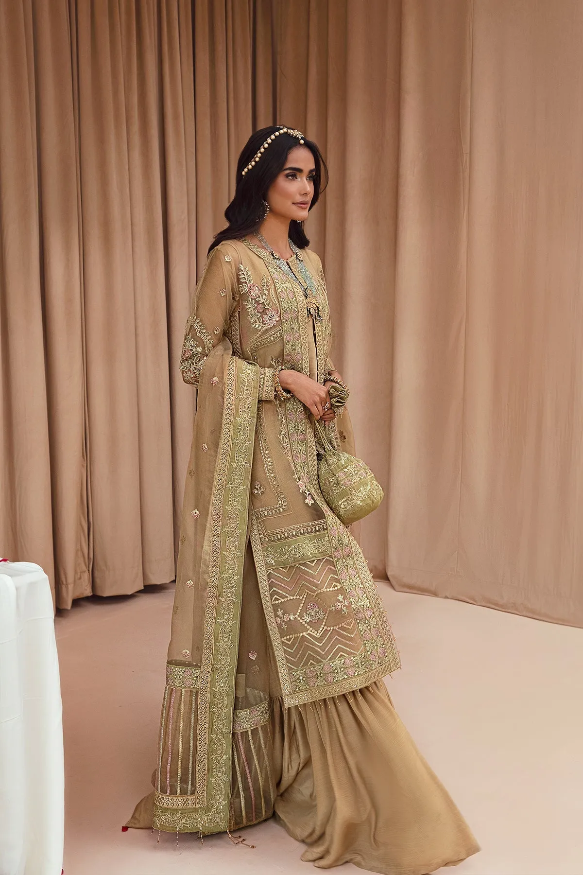 Golden Embroidered Gown Style Shirt Crushed Sharara Wedding Dress