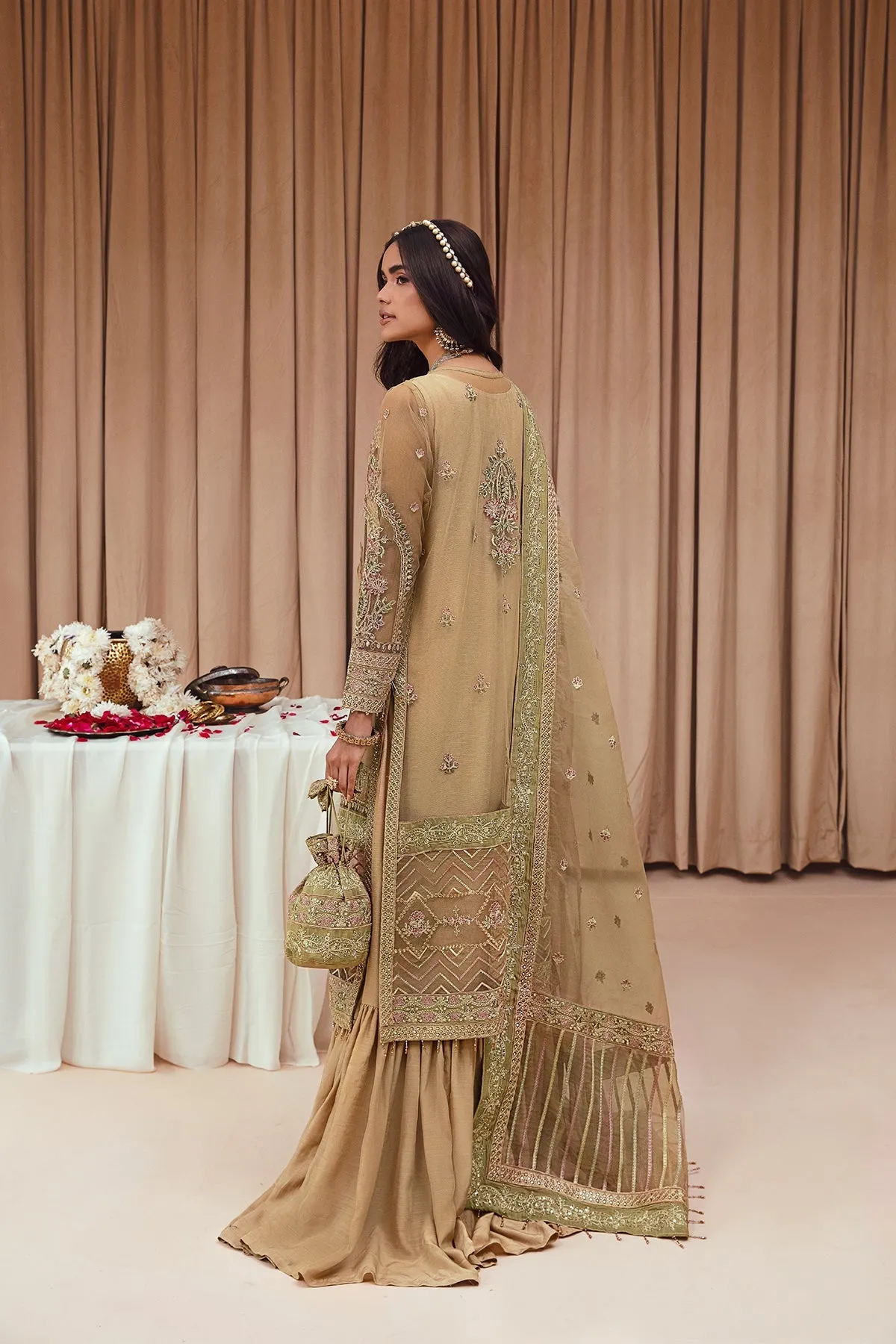 Golden Embroidered Gown Style Shirt Crushed Sharara Wedding Dress