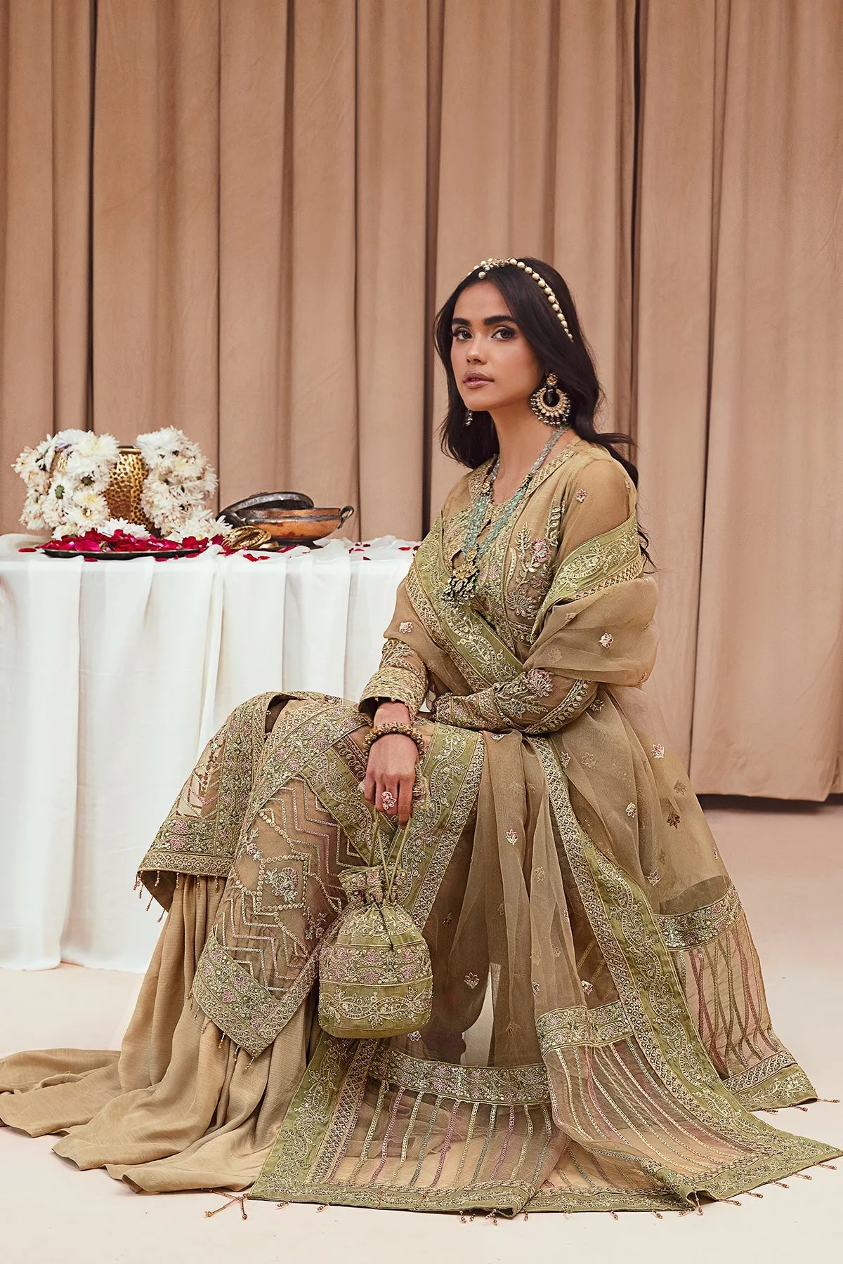 Golden Embroidered Gown Style Shirt Crushed Sharara Wedding Dress