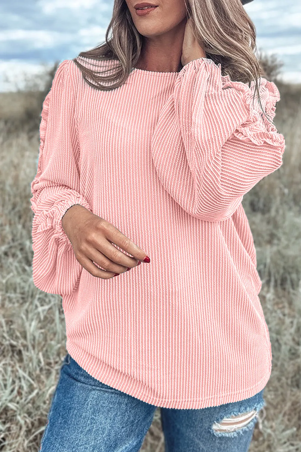 Gossamer Pink Corded Frilly Puff Sleeve Round Neck Blouse
