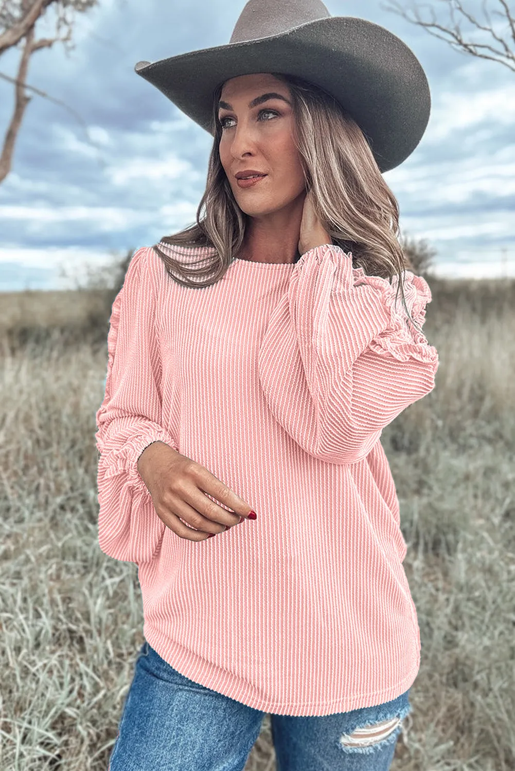 Gossamer Pink Corded Frilly Puff Sleeve Round Neck Blouse
