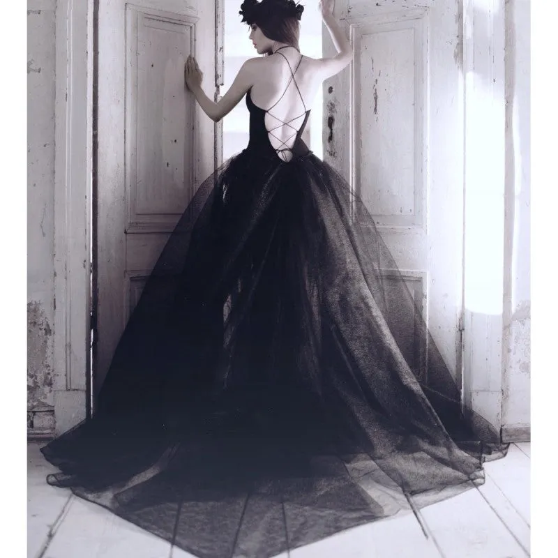 Gothic Black Wedding Dress with sexy haltered neck