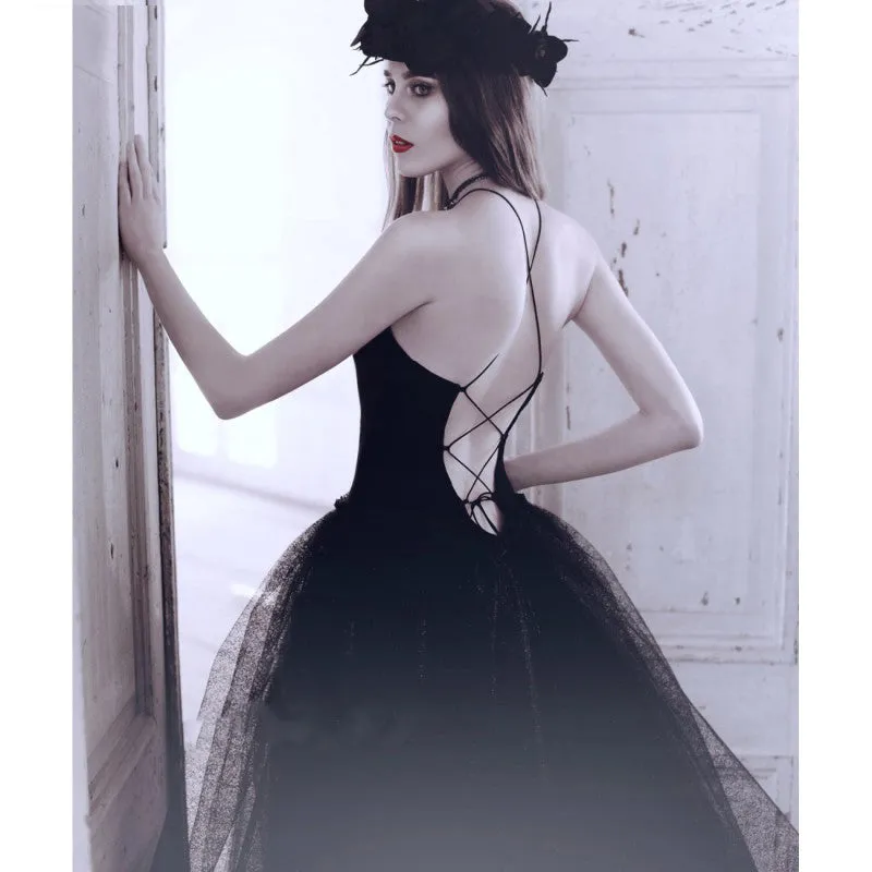 Gothic Black Wedding Dress with sexy haltered neck