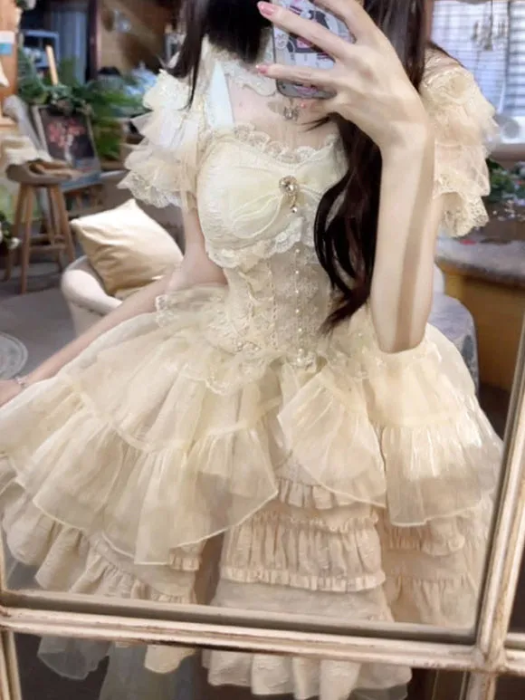 Gothic Lolita Dresses Lace Up Bows White Light Sky Blue