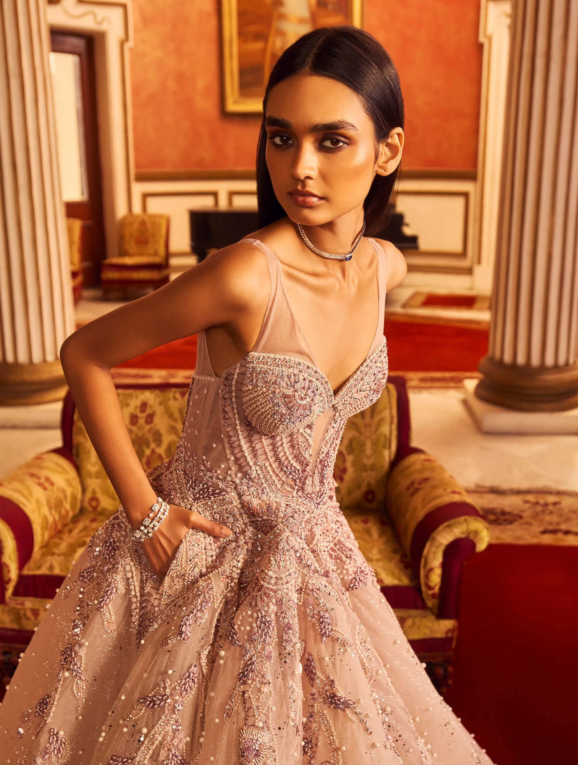 Gray tulle bridal gown