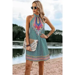 Green Open Shoulder Knot Back Sleeveless Plaid Dress