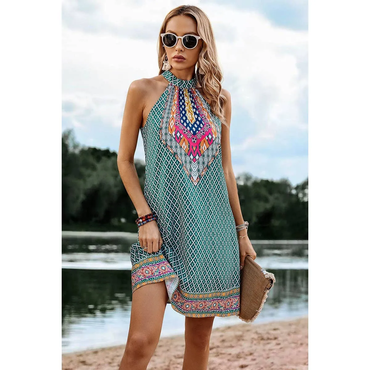 Green Open Shoulder Knot Back Sleeveless Plaid Dress