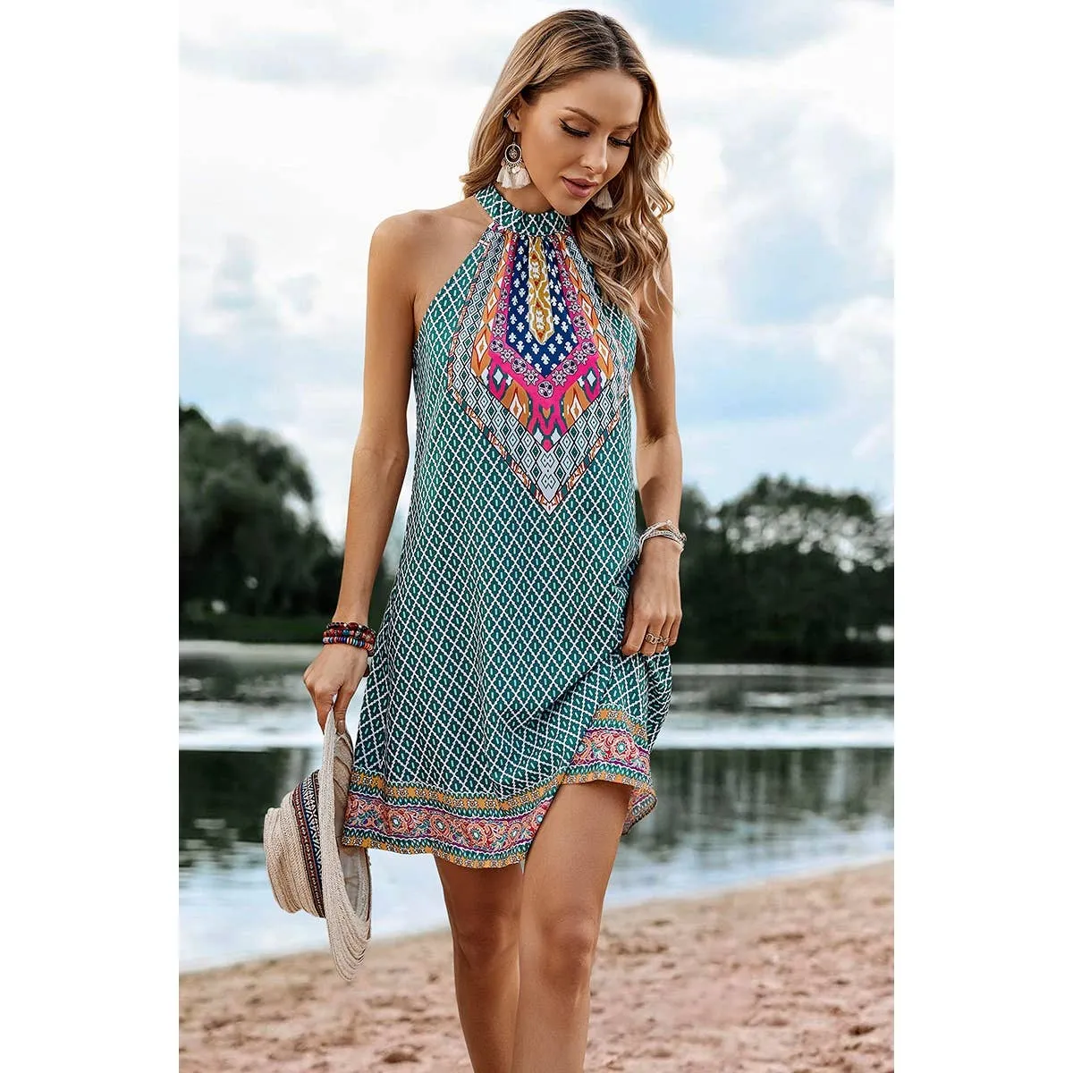 Green Open Shoulder Knot Back Sleeveless Plaid Dress