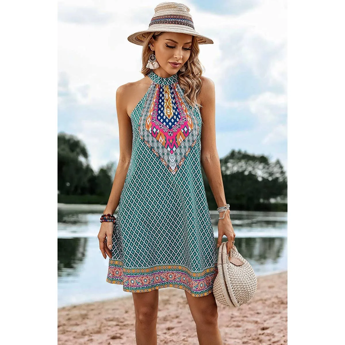 Green Open Shoulder Knot Back Sleeveless Plaid Dress