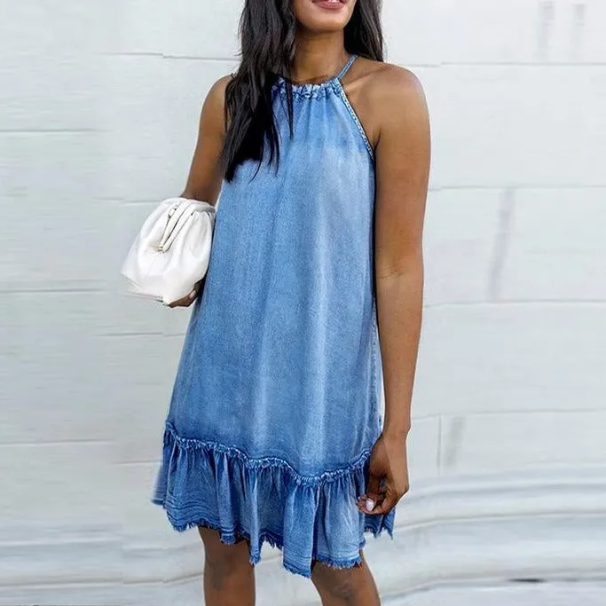 Halter Backless Tassel Denim Mini Dresses