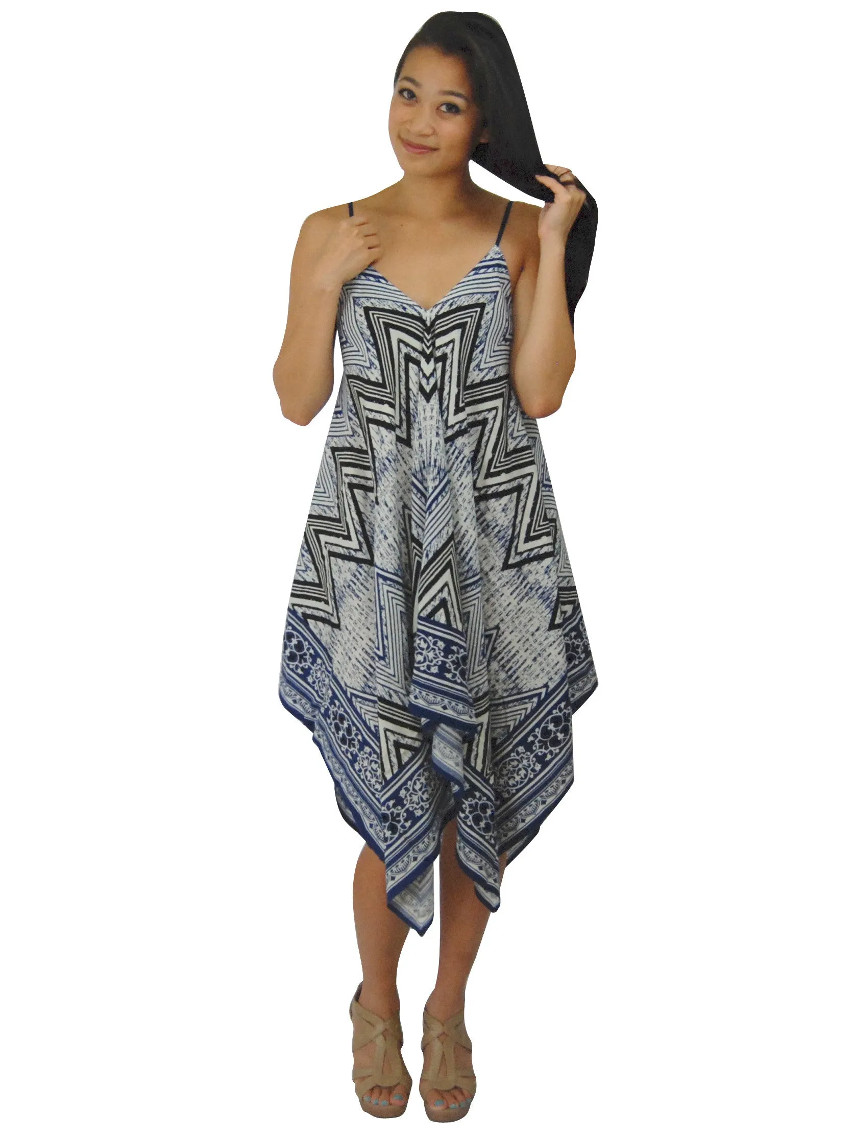 Handkerchief Midi Dress Navy White