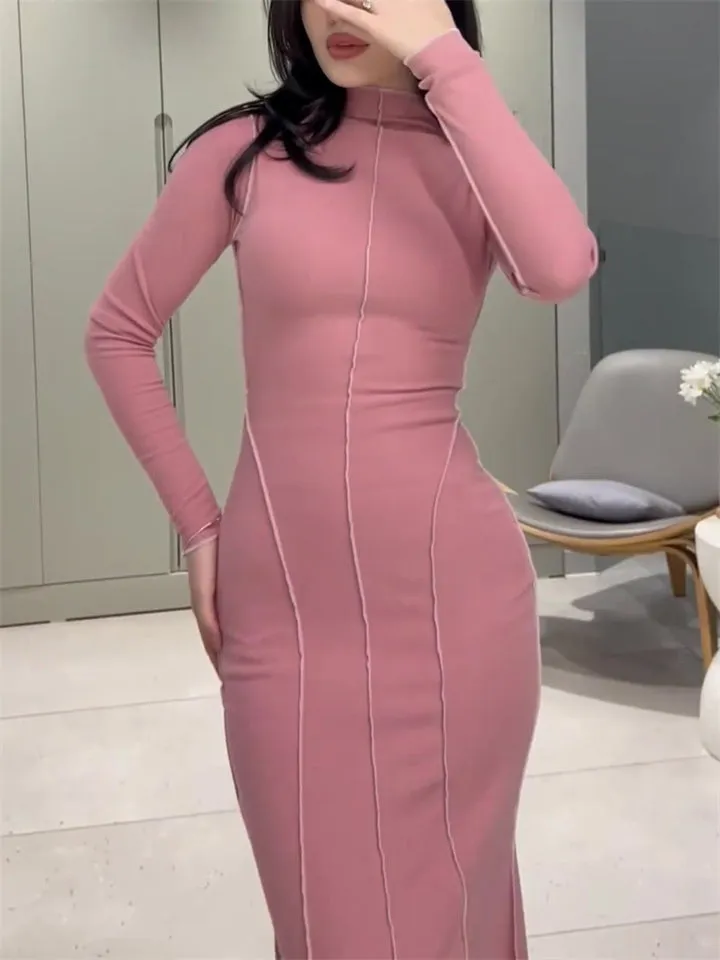 High Neck Solid Color Sexy Bodycon Dresses for Women