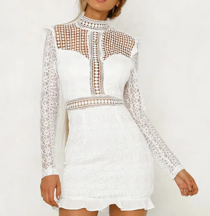 Hollow-out Backless Lace Round Neck Bodycon Party Mini Dresses