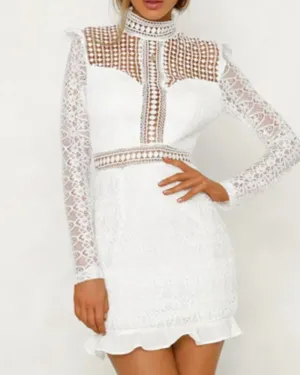 Hollow-out Backless Lace Round Neck Bodycon Party Mini Dresses