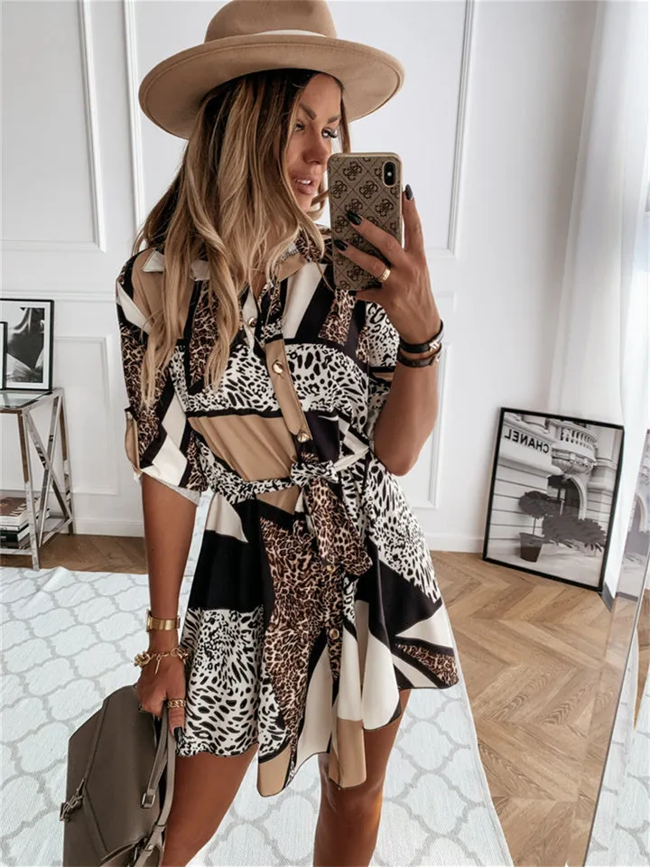 Hot New Spring and Summer Fashion Sexy Print Lapel Leopard Single-breasted Shirt Short Skirt In The Waist Irregular Skirt Dresses Women