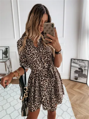 Hot New Spring and Summer Fashion Sexy Print Lapel Leopard Single-breasted Shirt Short Skirt In The Waist Irregular Skirt Dresses Women