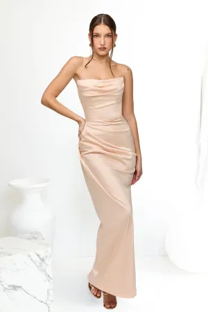 HOUSE OF CB Adrienne Satin Strapless Gown (Champagne)
