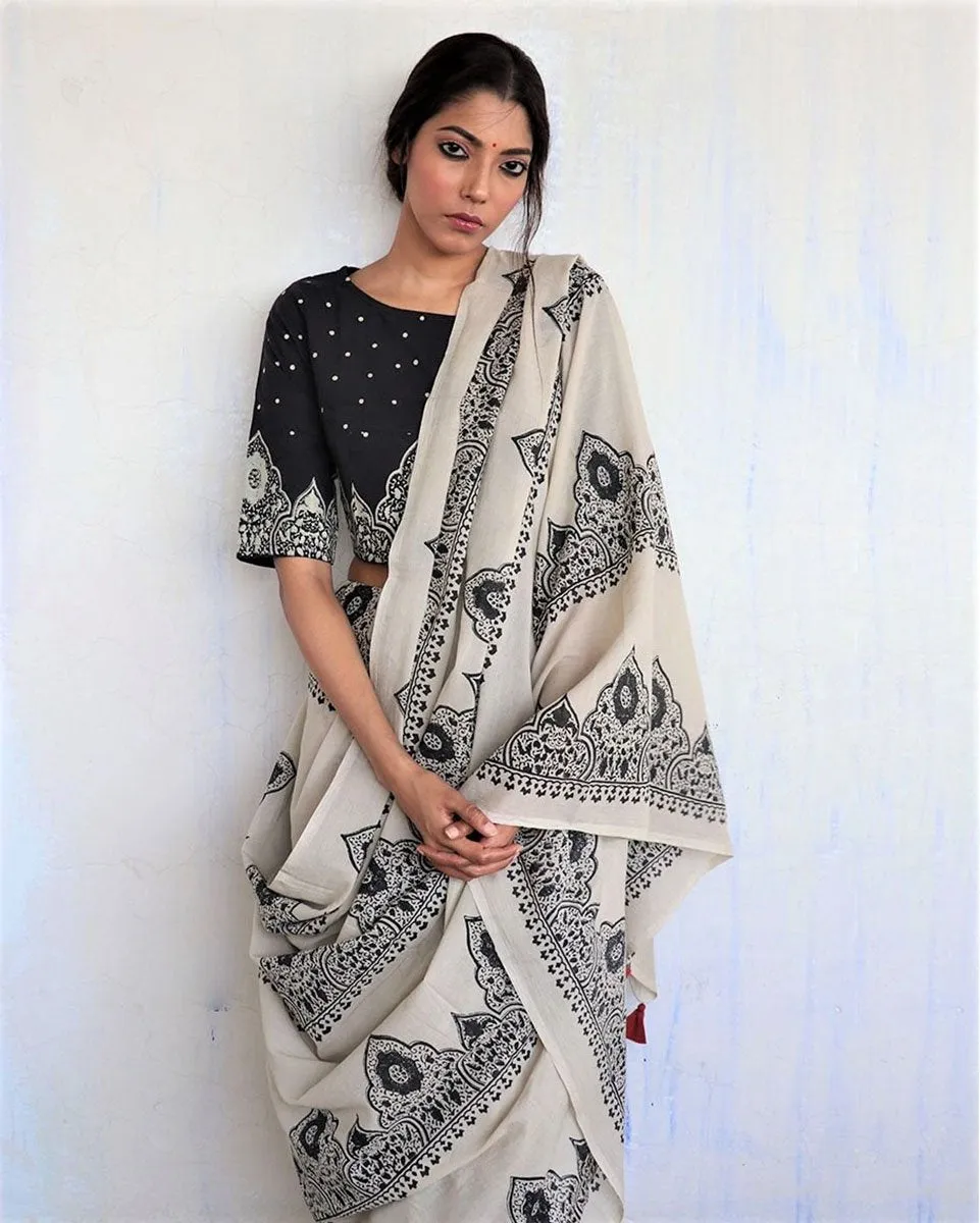 Ivory Black Block Printed Cotton Mul Saree - God