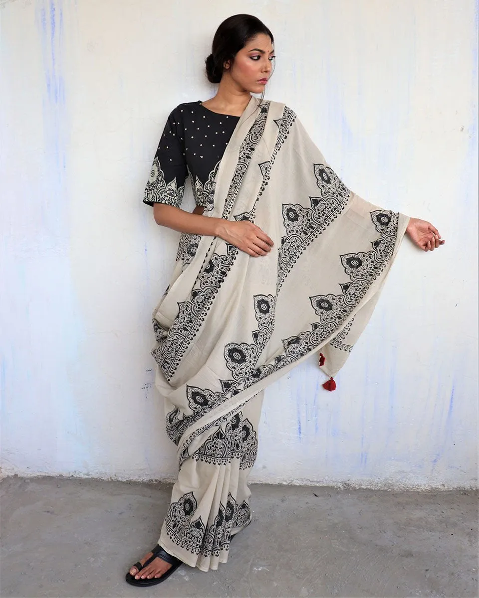 Ivory Black Block Printed Cotton Mul Saree - God