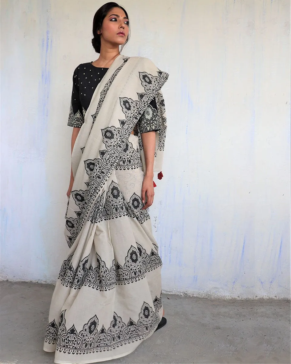 Ivory Black Block Printed Cotton Mul Saree - God