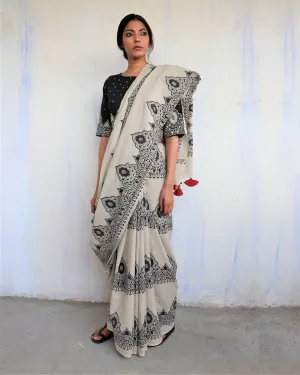 Ivory Black Block Printed Cotton Mul Saree - God