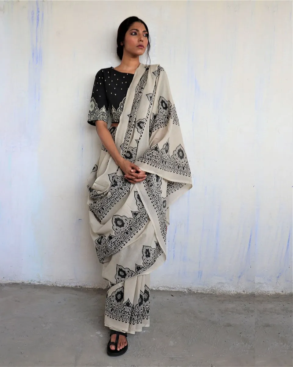 Ivory Black Block Printed Cotton Mul Saree - God